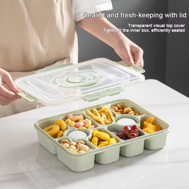 Wheat Straw Lunch Box with 10 Grids Portable Lunch Box Microwave Heating Lunch Box for Work Student With Lid Square Lunch Box