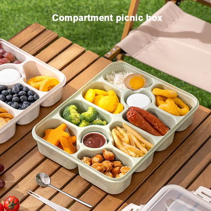 Wheat Straw Lunch Box with 10 Grids Portable Lunch Box Microwave Heating Lunch Box for Work Student With Lid Square Lunch Box