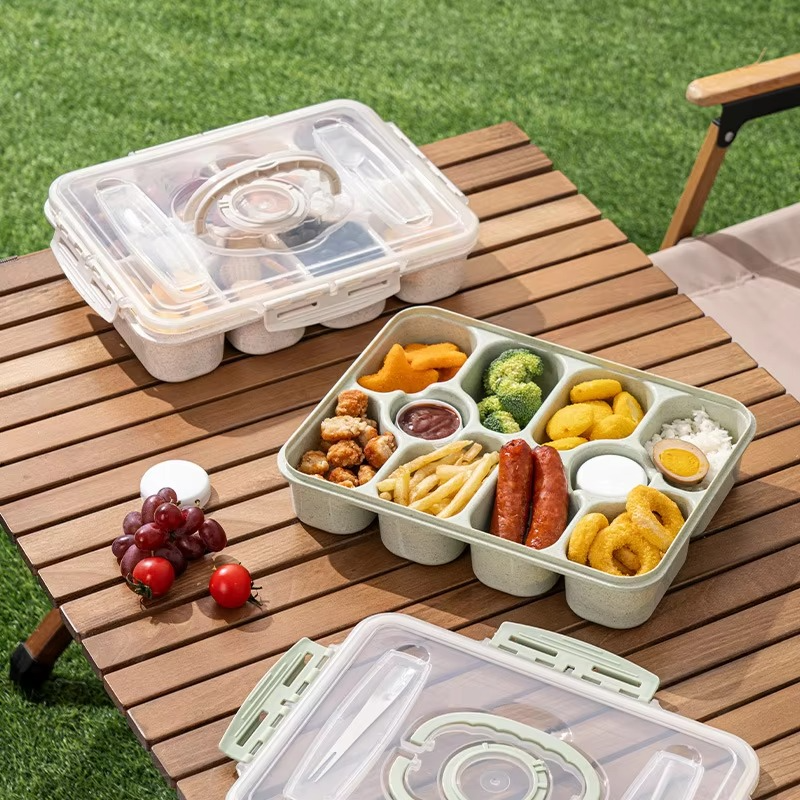 Wheat Straw Lunch Box with 10 Grids Portable Lunch Box Microwave Heating Lunch Box for Work Student With Lid Square Lunch Box