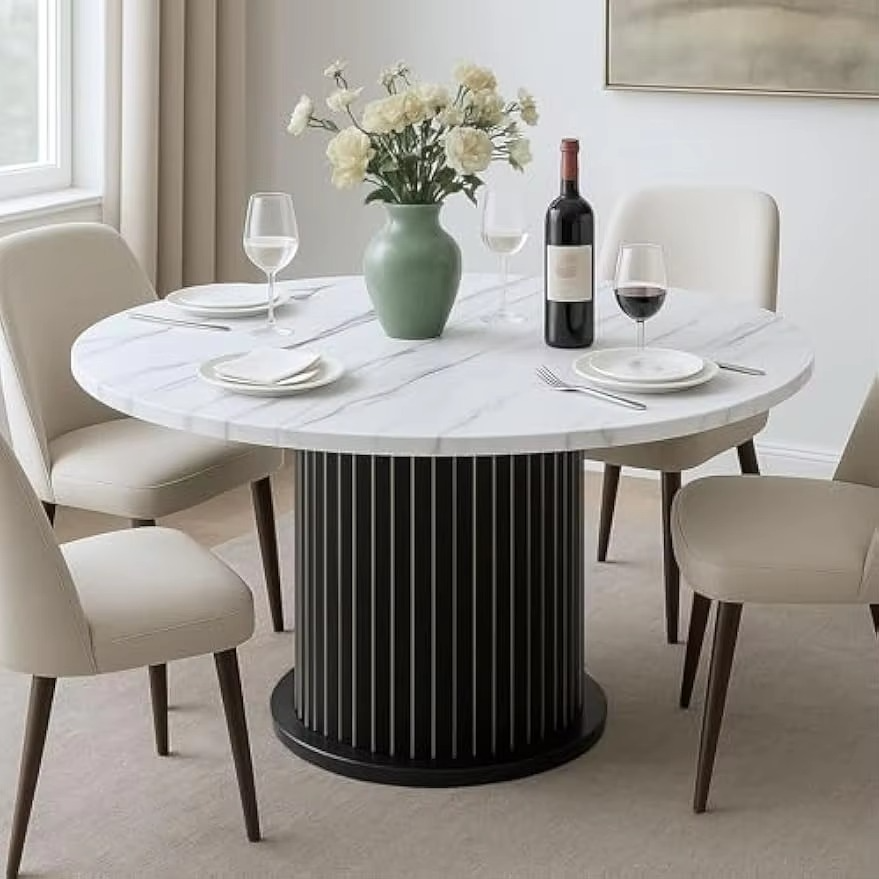 Dining Table for 4 People Modern Round Wooden Table 110cm Metal Base Restaurant Kitchen Living Dining Room Furniture Black