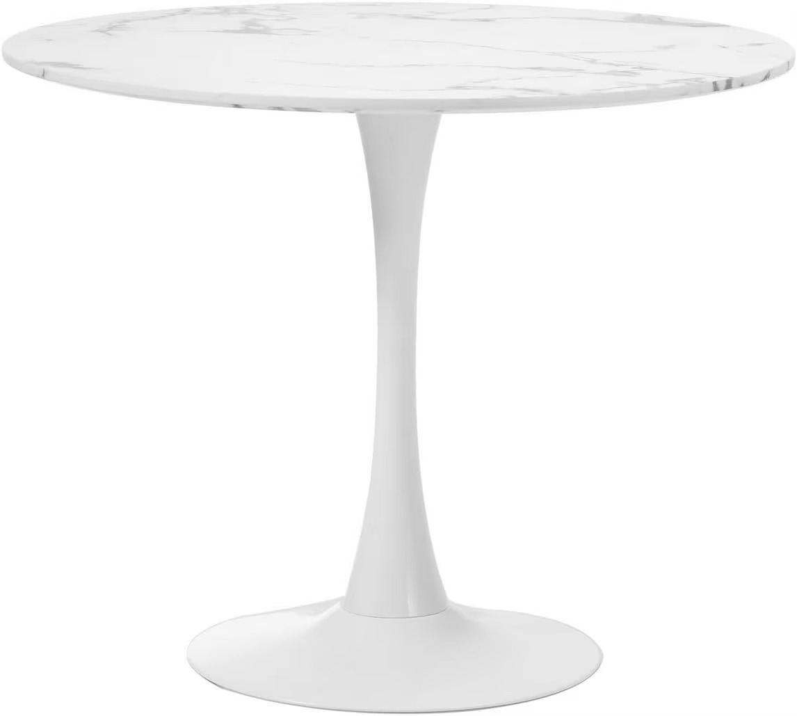 90cm Dining Table with Marble Top and Metal Leg, Round Kitchen Table White