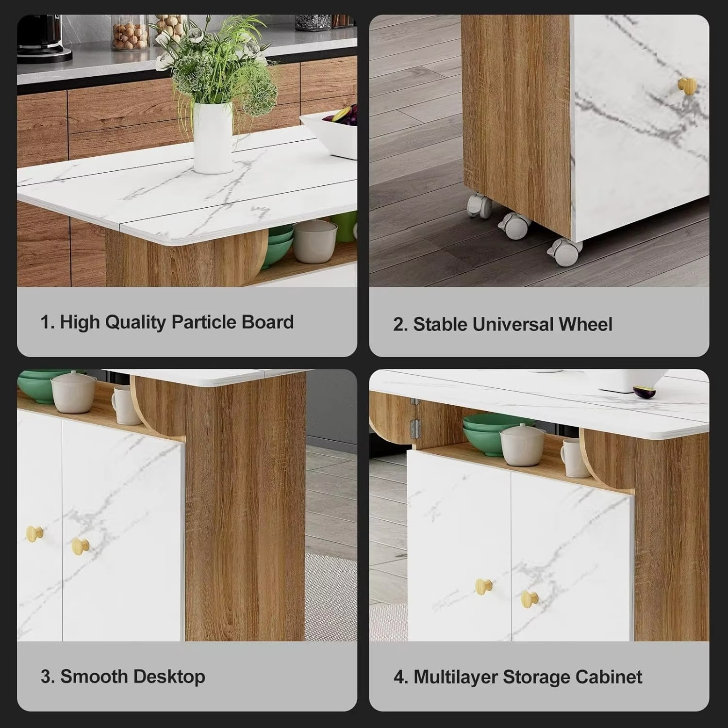 Folding Dining Table with Wheels Wood Space Saving Kitchen Dining Room Tables with Open Shelf and 2 Door Storage White Marblin