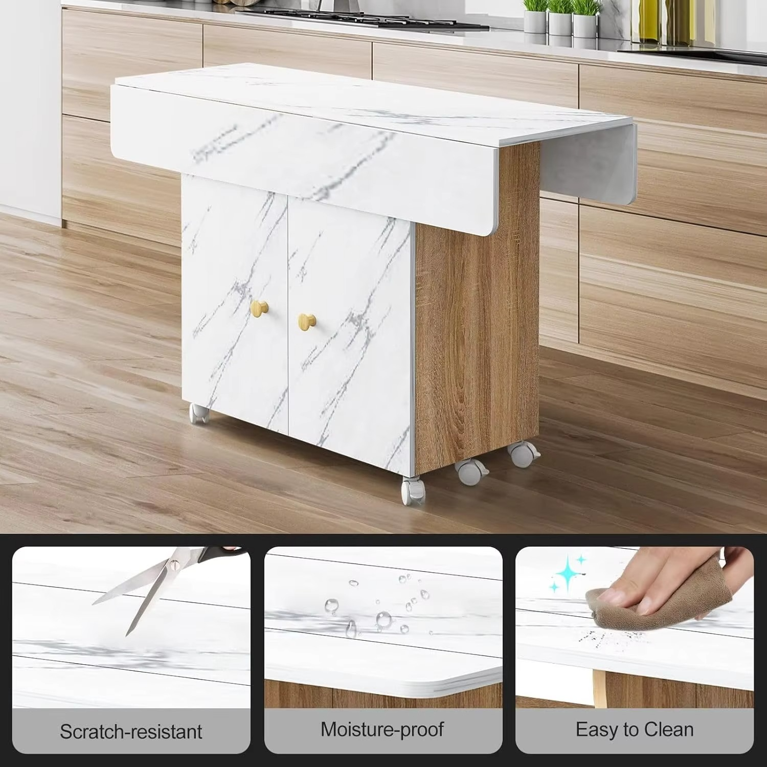 Folding Dining Table with Wheels Wood Space Saving Kitchen Dining Room Tables with Open Shelf and 2 Door Storage White Marblin