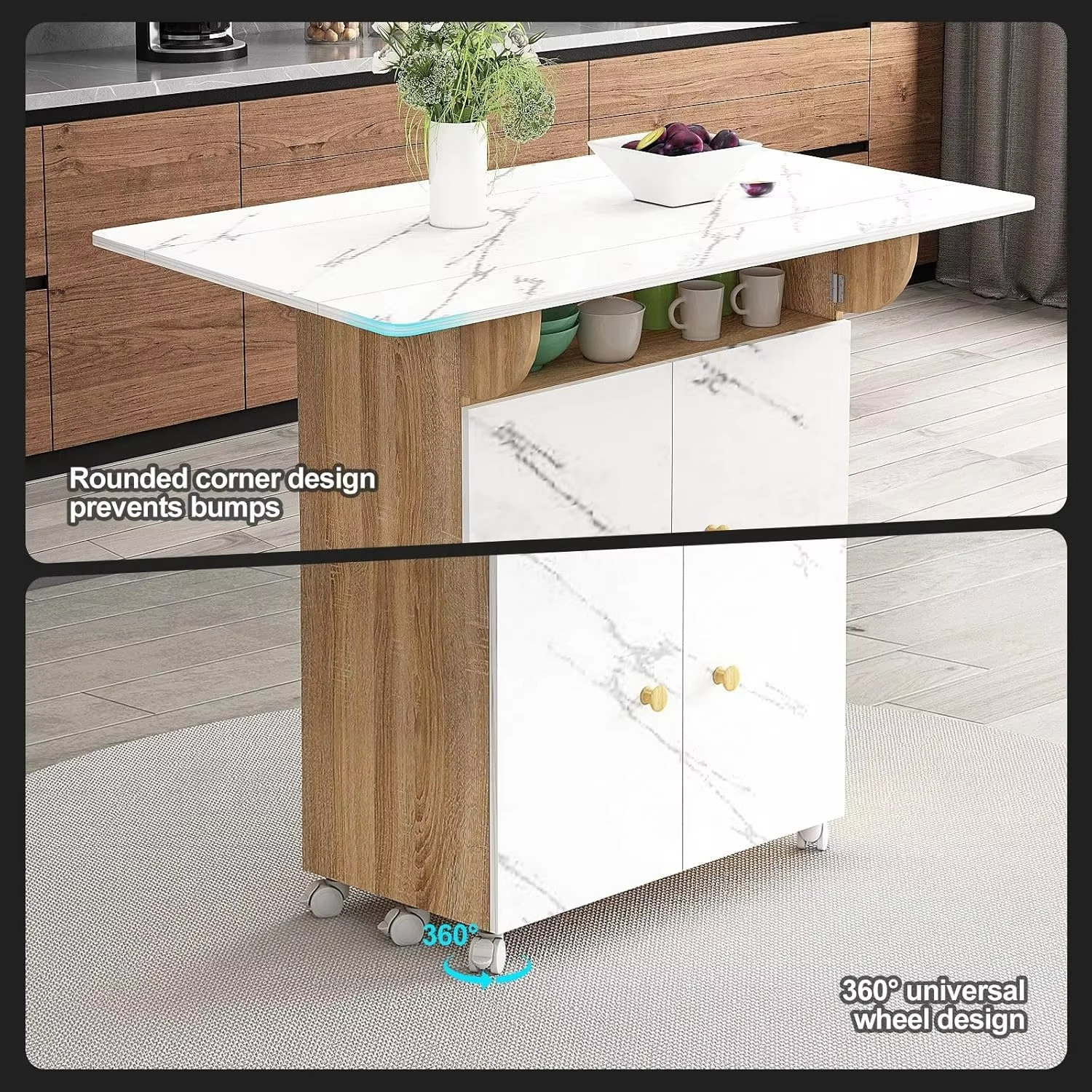 Folding Dining Table with Wheels Wood Space Saving Kitchen Dining Room Tables with Open Shelf and 2 Door Storage White Marblin
