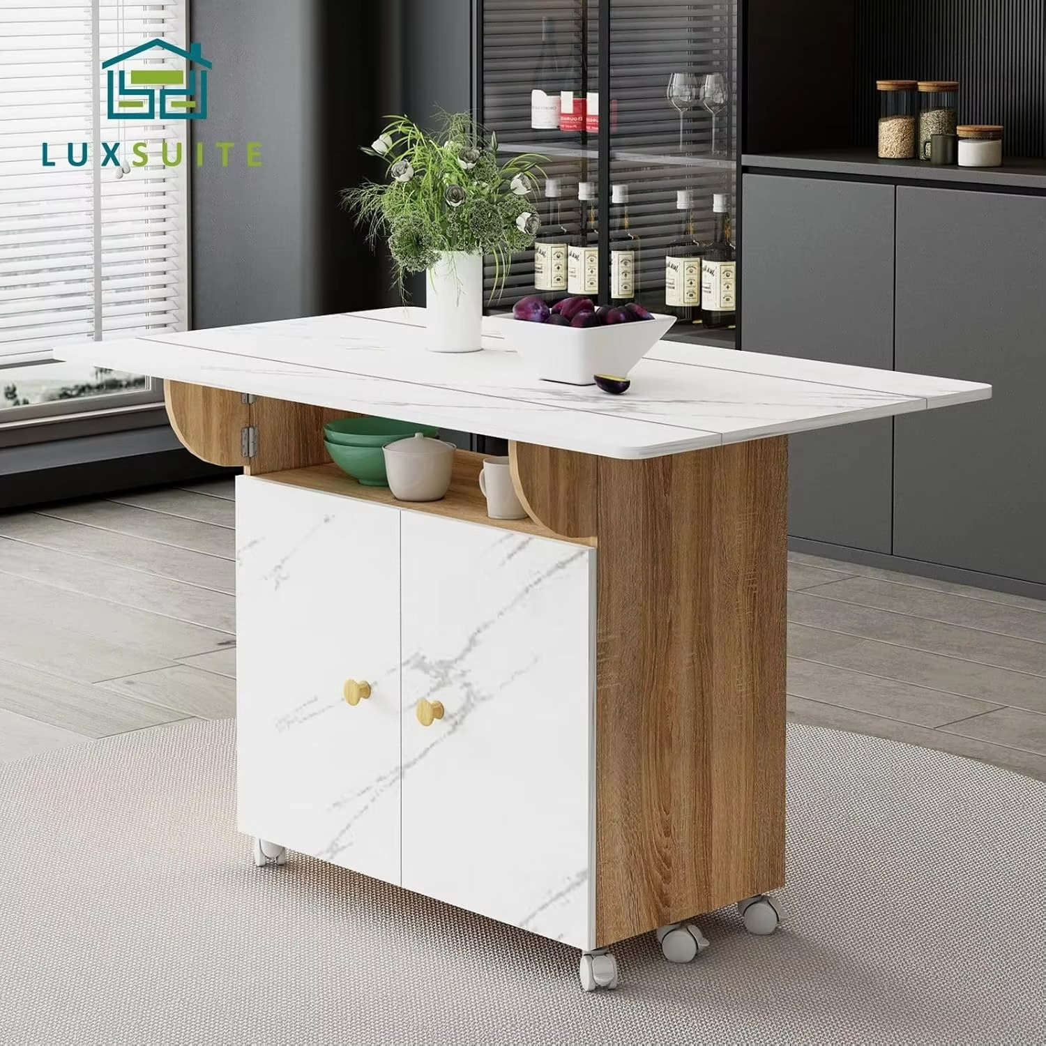 Folding Dining Table with Wheels Wood Space Saving Kitchen Dining Room Tables with Open Shelf and 2 Door Storage White Marblin