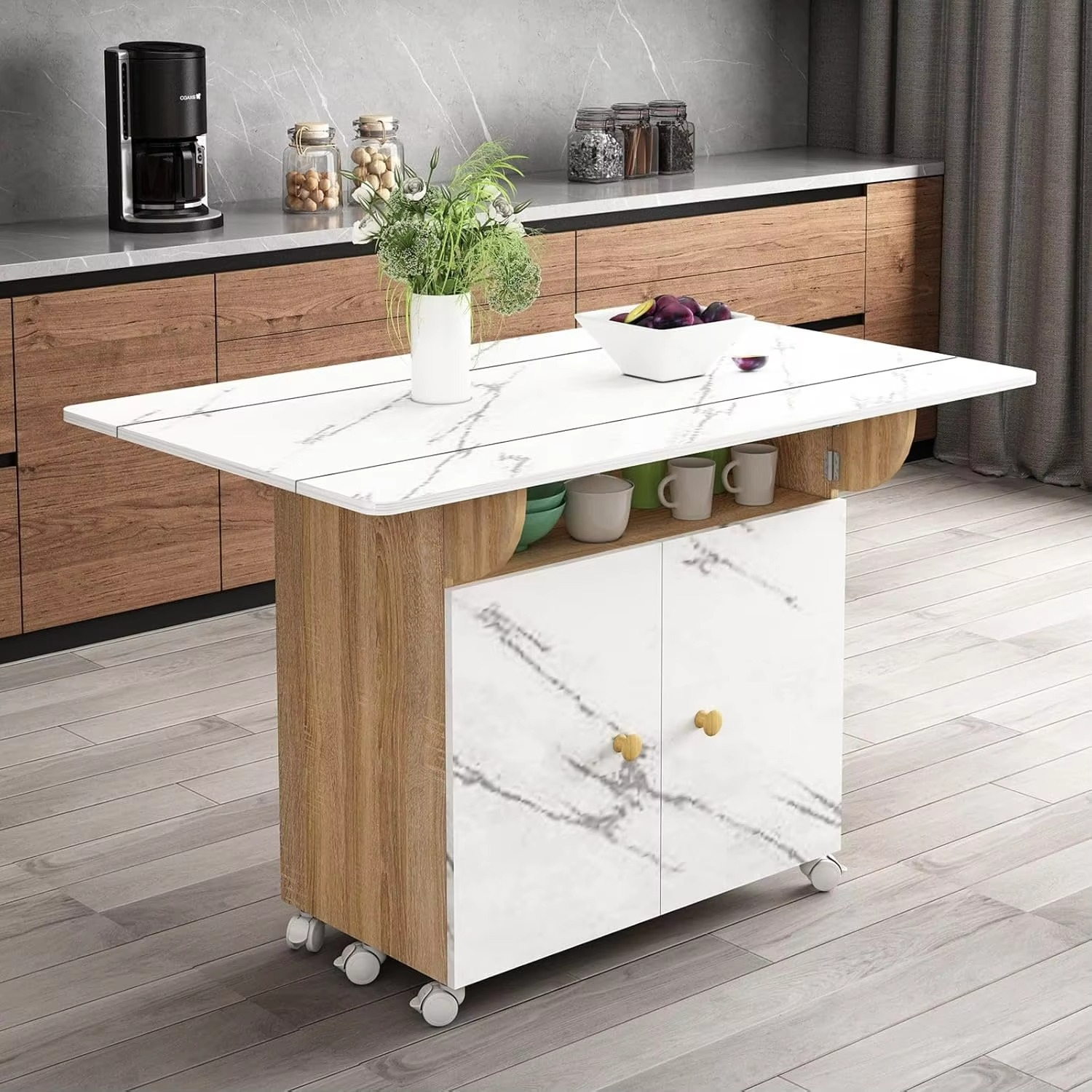 Folding Dining Table with Wheels Wood Space Saving Kitchen Dining Room Tables with Open Shelf and 2 Door Storage White Marblin