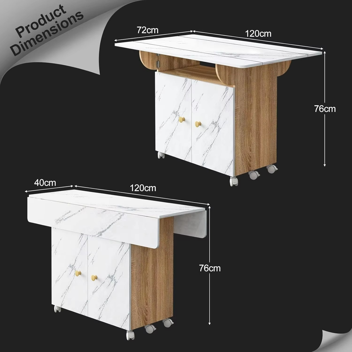 Folding Dining Table with Wheels Wood Space Saving Kitchen Dining Room Tables with Open Shelf and 2 Door Storage White Marblin