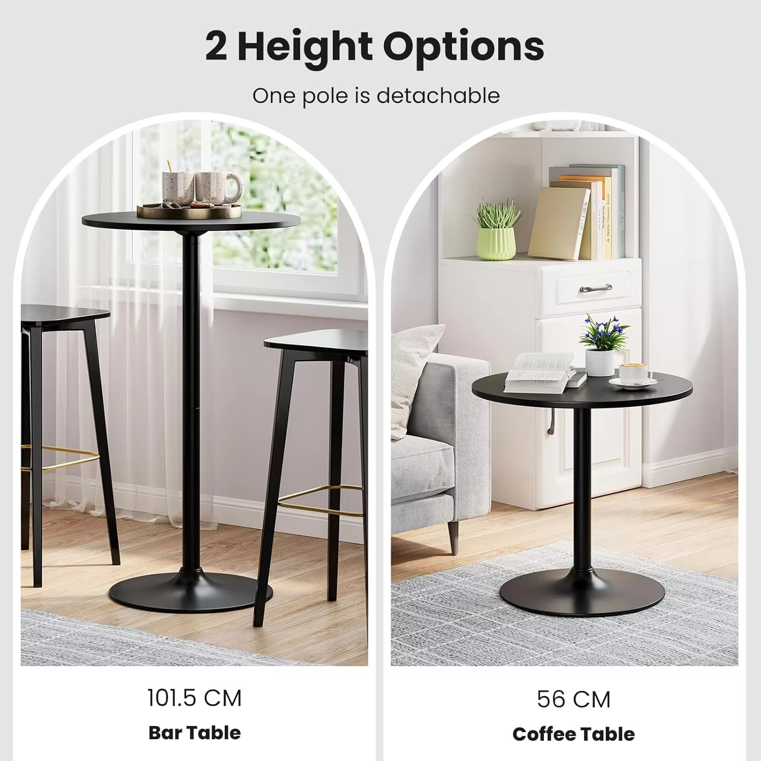 Round Bistro Table, 101.5 cm Bar Height Cocktail Table Converts into 56 cm Tall Coffee Table, High Top Pub Table with Heavy-Duty