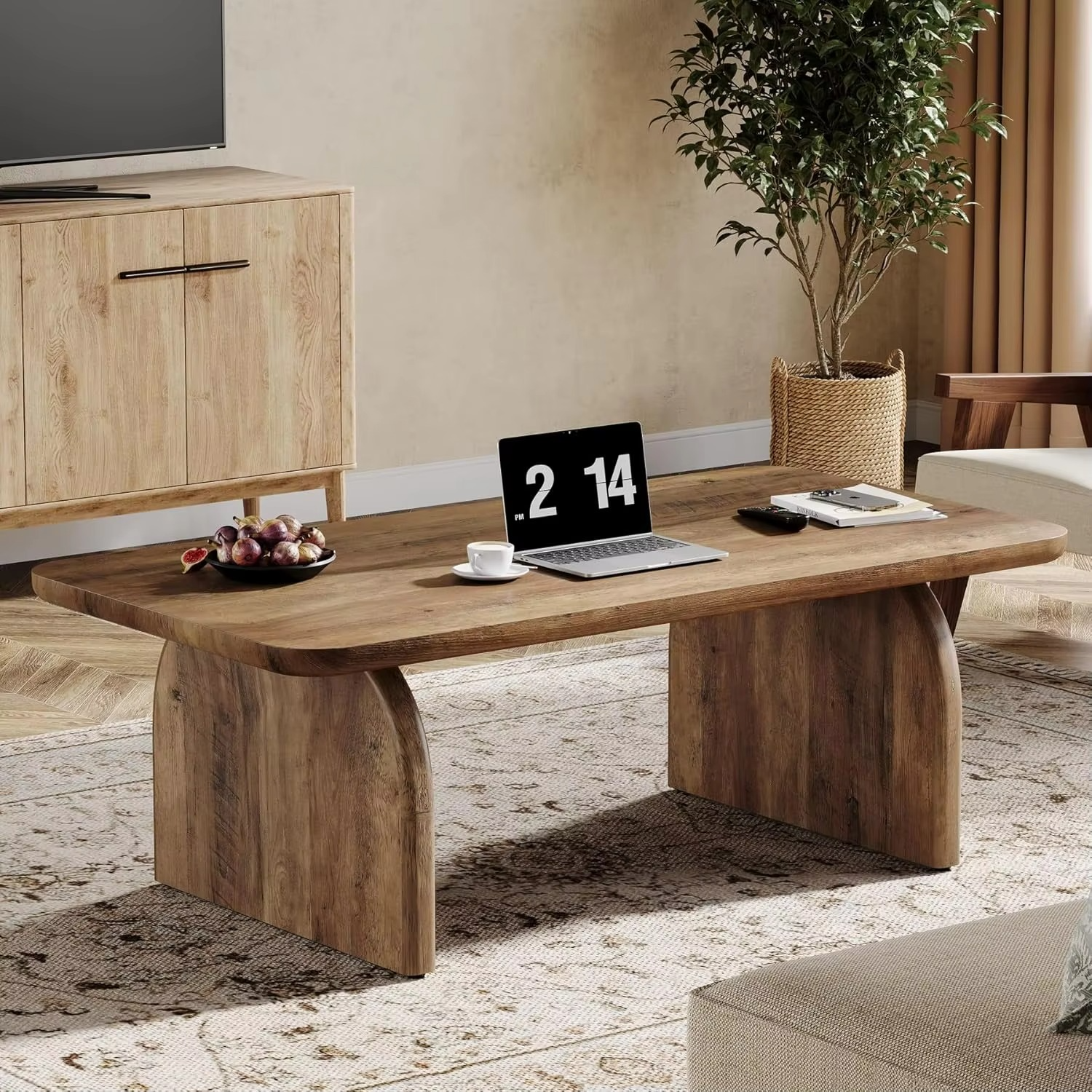Coffee Table, 120cm Wood Rectangular Living Room Table, Farmhouse Accent Center Low Cocktail Tea Table with Sturdy Base & Round