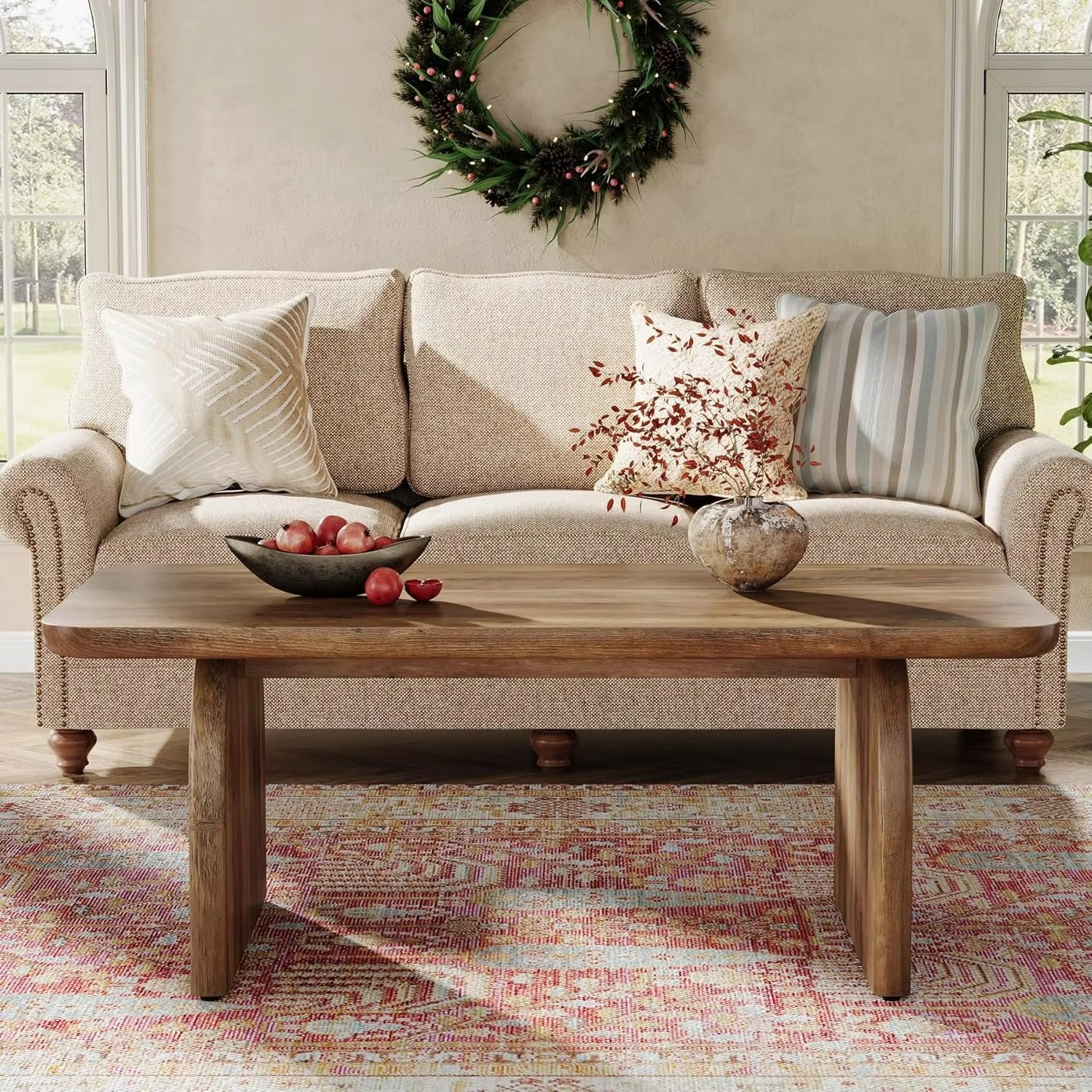 Coffee Table, 120cm Wood Rectangular Living Room Table, Farmhouse Accent Center Low Cocktail Tea Table with Sturdy Base & Round