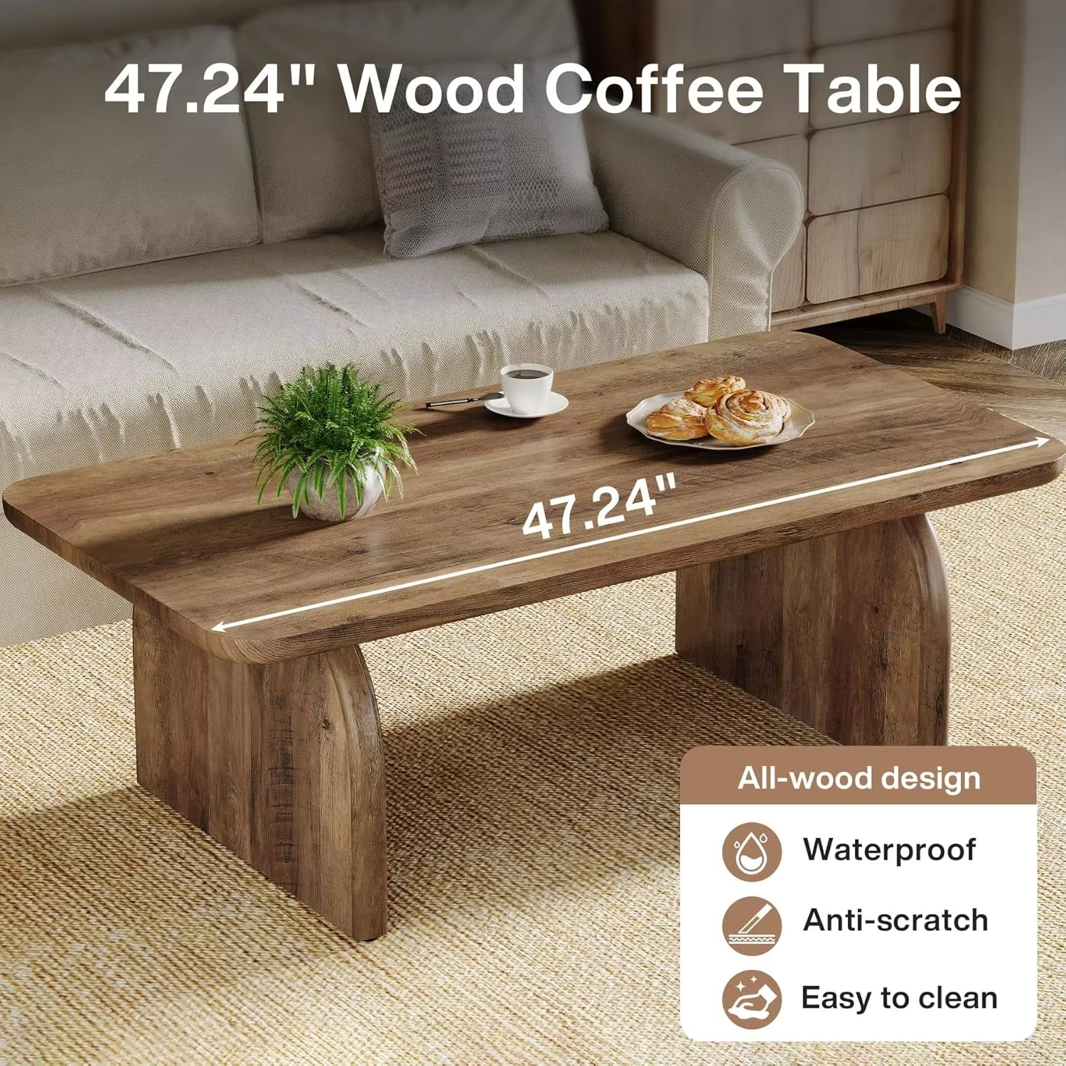 Coffee Table, 120cm Wood Rectangular Living Room Table, Farmhouse Accent Center Low Cocktail Tea Table with Sturdy Base & Round