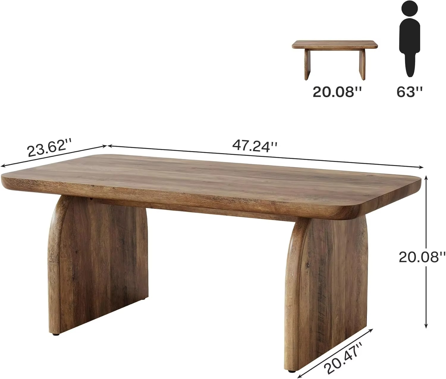 Coffee Table, 120cm Wood Rectangular Living Room Table, Farmhouse Accent Center Low Cocktail Tea Table with Sturdy Base & Round