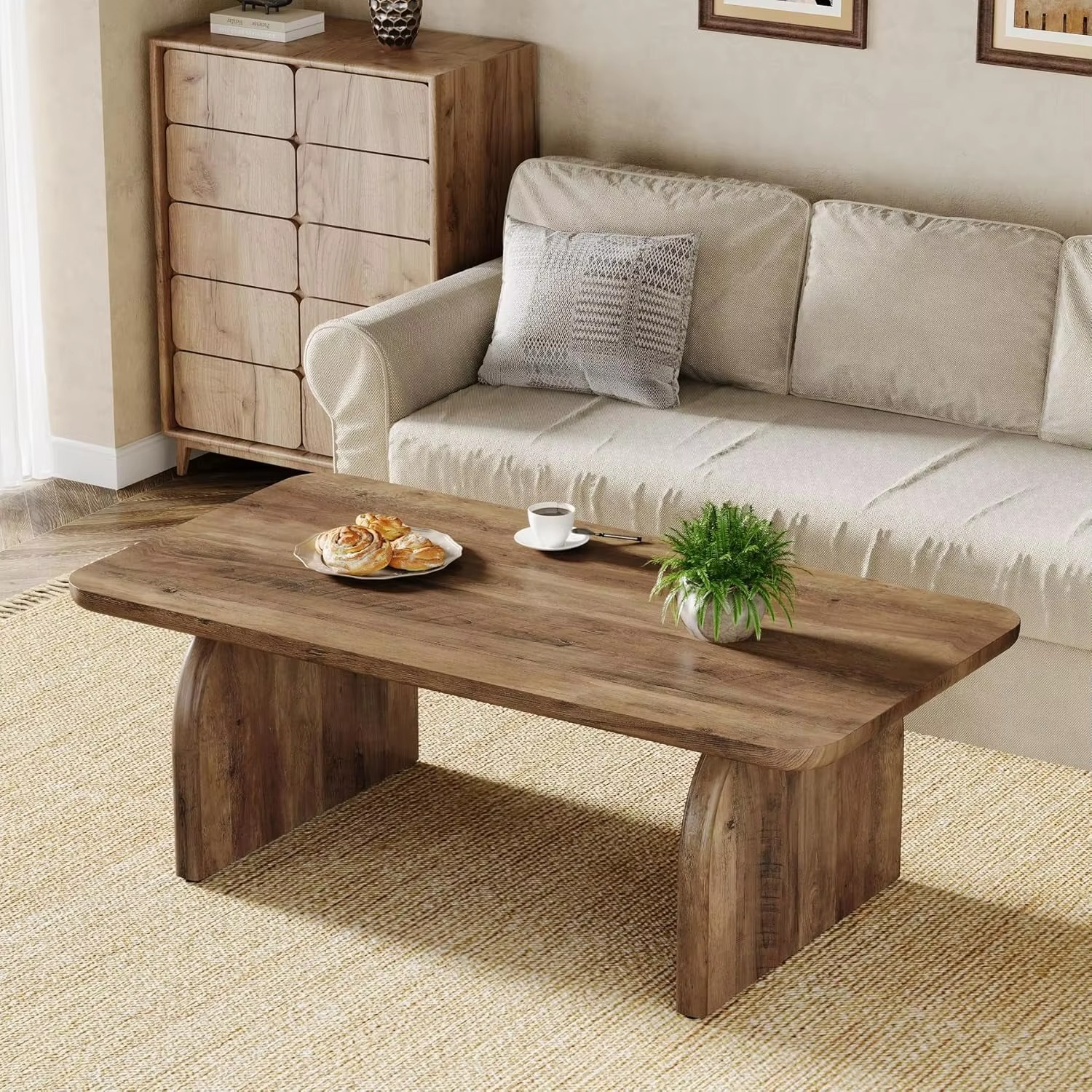Coffee Table, 120cm Wood Rectangular Living Room Table, Farmhouse Accent Center Low Cocktail Tea Table with Sturdy Base & Round