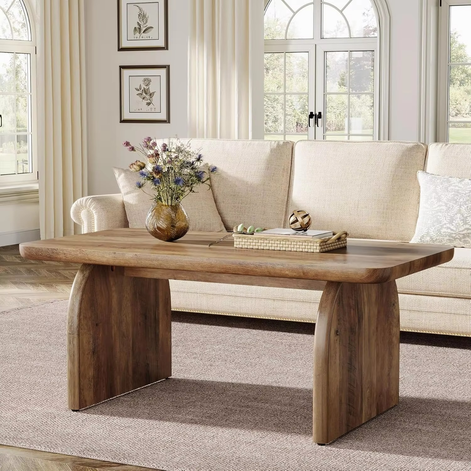 Coffee Table, 120cm Wood Rectangular Living Room Table, Farmhouse Accent Center Low Cocktail Tea Table with Sturdy Base & Round