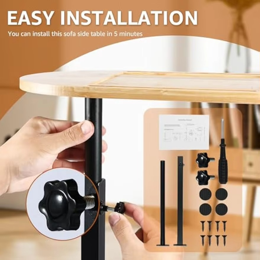 Table, 360° Rotating Sofa Side Table Height Adjustable End Table for Bed or Chair with Phone & Tablet Slots, TV Tray for Couch,