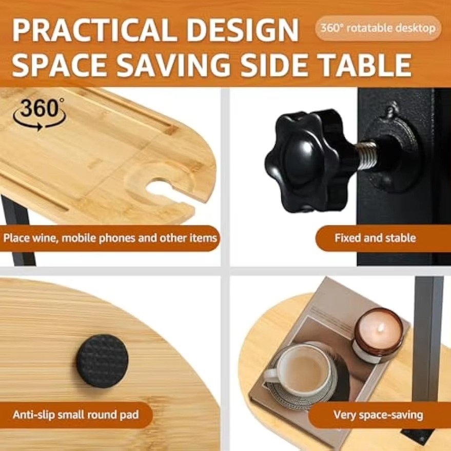 Table, 360° Rotating Sofa Side Table Height Adjustable End Table for Bed or Chair with Phone & Tablet Slots, TV Tray for Couch,