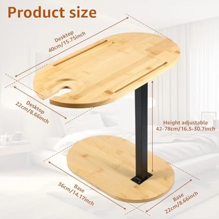 Table, 360° Rotating Sofa Side Table Height Adjustable End Table for Bed or Chair with Phone & Tablet Slots, TV Tray for Couch,