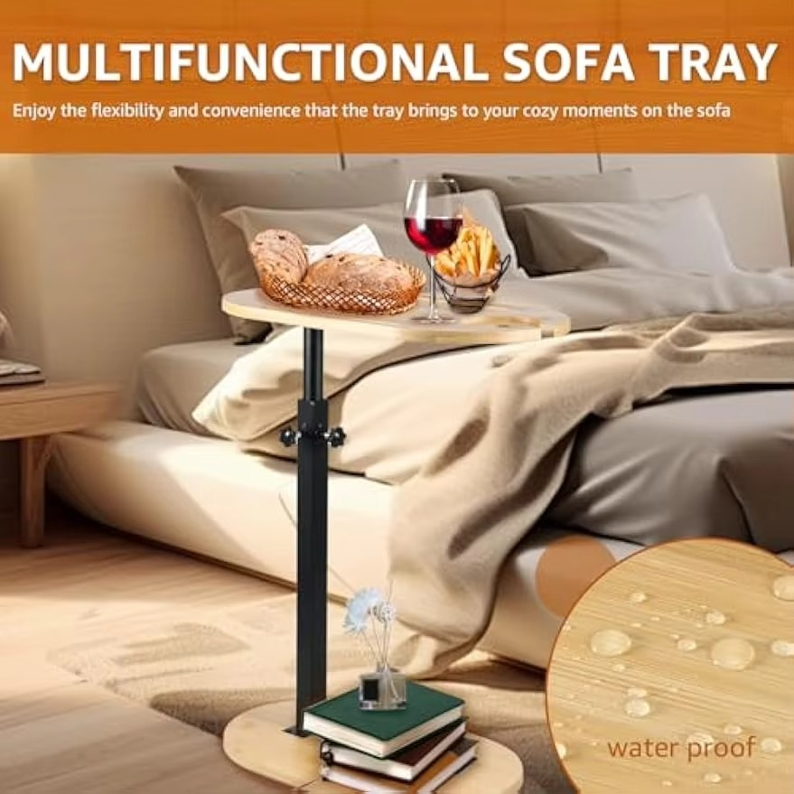 Table, 360° Rotating Sofa Side Table Height Adjustable End Table for Bed or Chair with Phone & Tablet Slots, TV Tray for Couch,