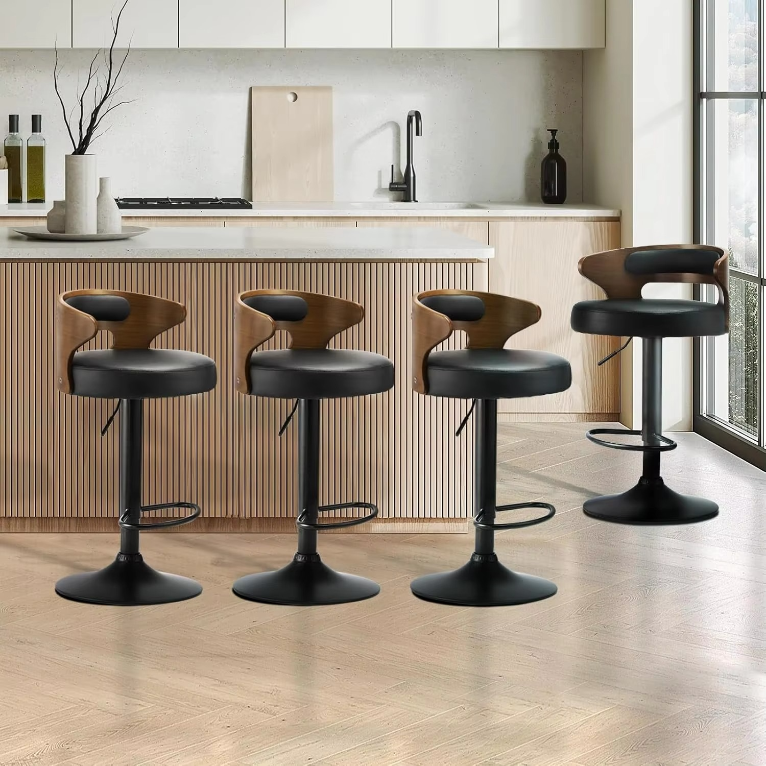 Bar Stool Set of 4 Home Kitchen Barstools with PU Leather Seat and Gas Lift Barstools in 57-77cm Height and Footrest Swivel Chai