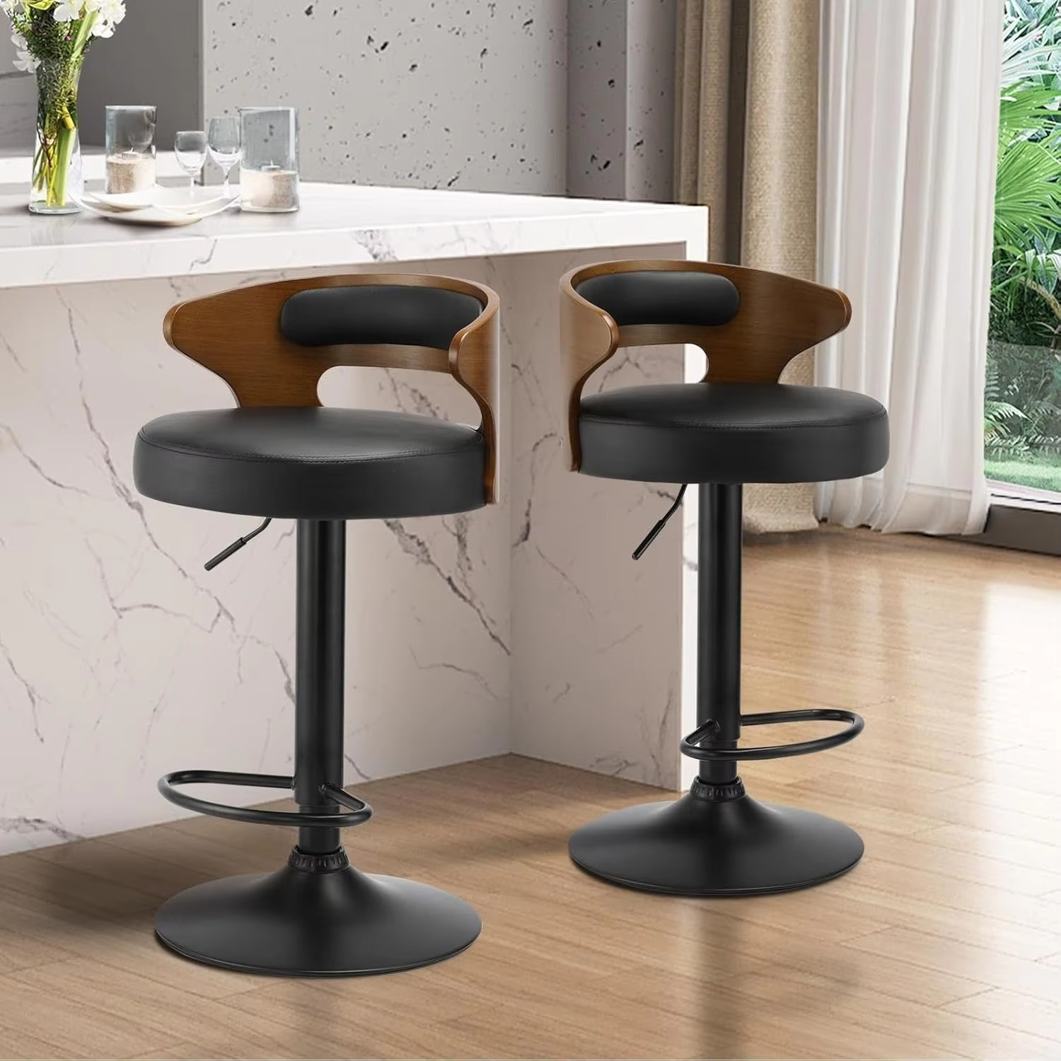 Bar Stool Set of 4 Home Kitchen Barstools with PU Leather Seat and Gas Lift Barstools in 57-77cm Height and Footrest Swivel Chai