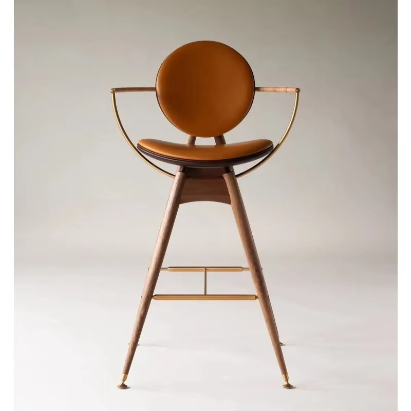 Modern Luxury Solid Wood Bar Stool High Chair with Metal Arm Leather Velvet Seat for Dining Living Room Home Hotels Restaurants