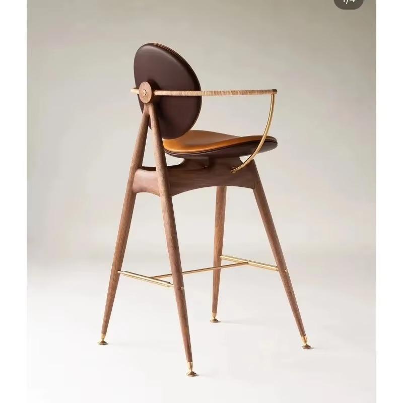 Modern Luxury Solid Wood Bar Stool High Chair with Metal Arm Leather Velvet Seat for Dining Living Room Home Hotels Restaurants