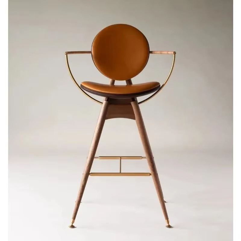 Modern Luxury Solid Wood Bar Stool High Chair with Metal Arm Leather Velvet Seat for Dining Living Room Home Hotels Restaurants