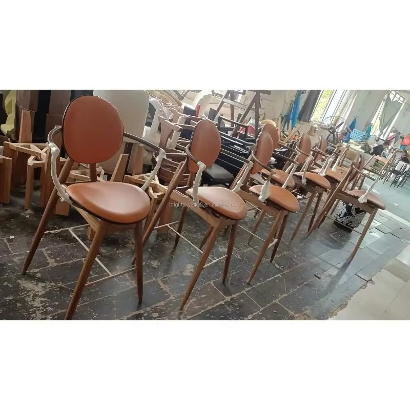 Modern Luxury Solid Wood Bar Stool High Chair with Metal Arm Leather Velvet Seat for Dining Living Room Home Hotels Restaurants