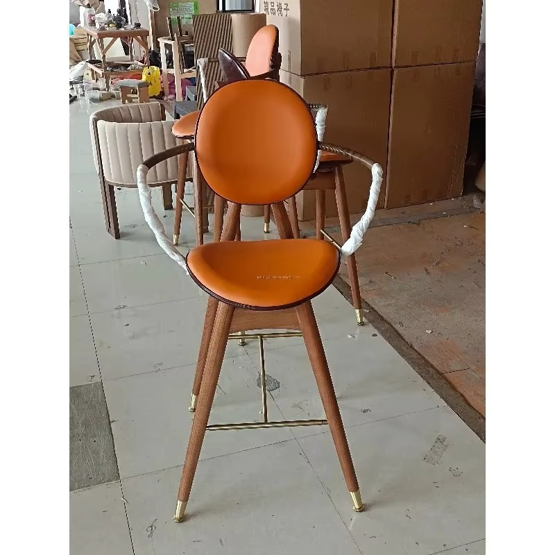 Modern Luxury Solid Wood Bar Stool High Chair with Metal Arm Leather Velvet Seat for Dining Living Room Home Hotels Restaurants