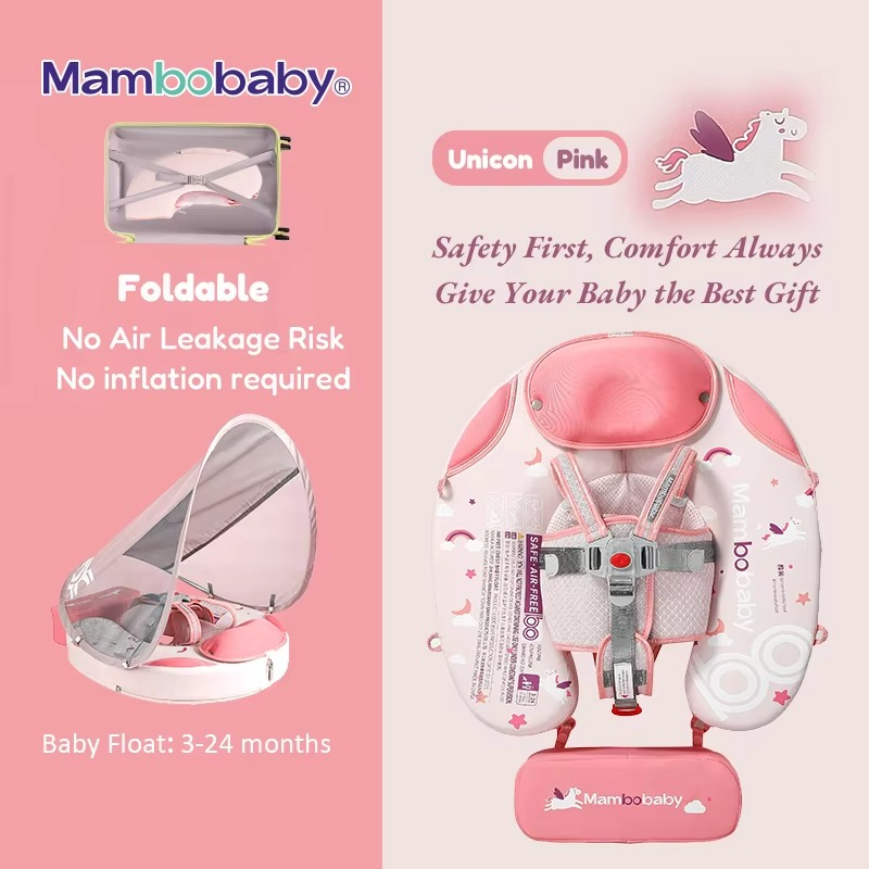 Mambobaby Baby Foldable Float Inflatable Free with Sun Canopy Safe Crotch Strap Pool Swim Ring Swim Tube Pool Float Water Circle