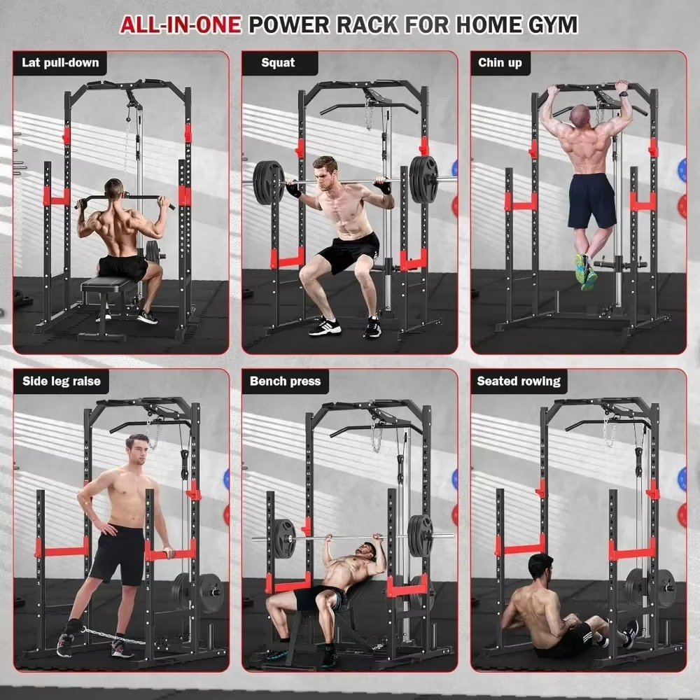 Home Gym Power Rack - Multi-Function Fitness Equipment with Pulley System, Bench Press, Squat, and LAT Pull-Down