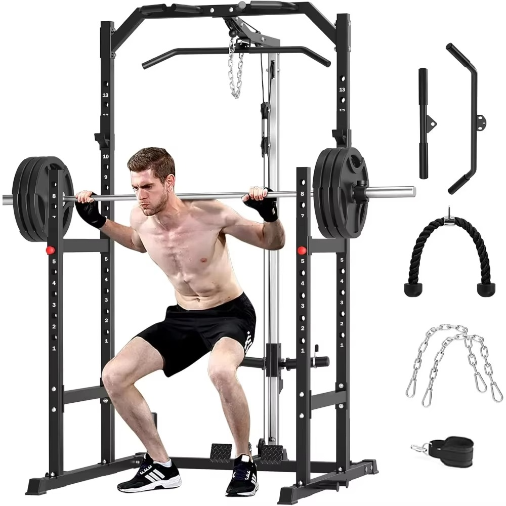 Home Gym Power Rack - Multi-Function Fitness Equipment with Pulley System, Bench Press, Squat, and LAT Pull-Down