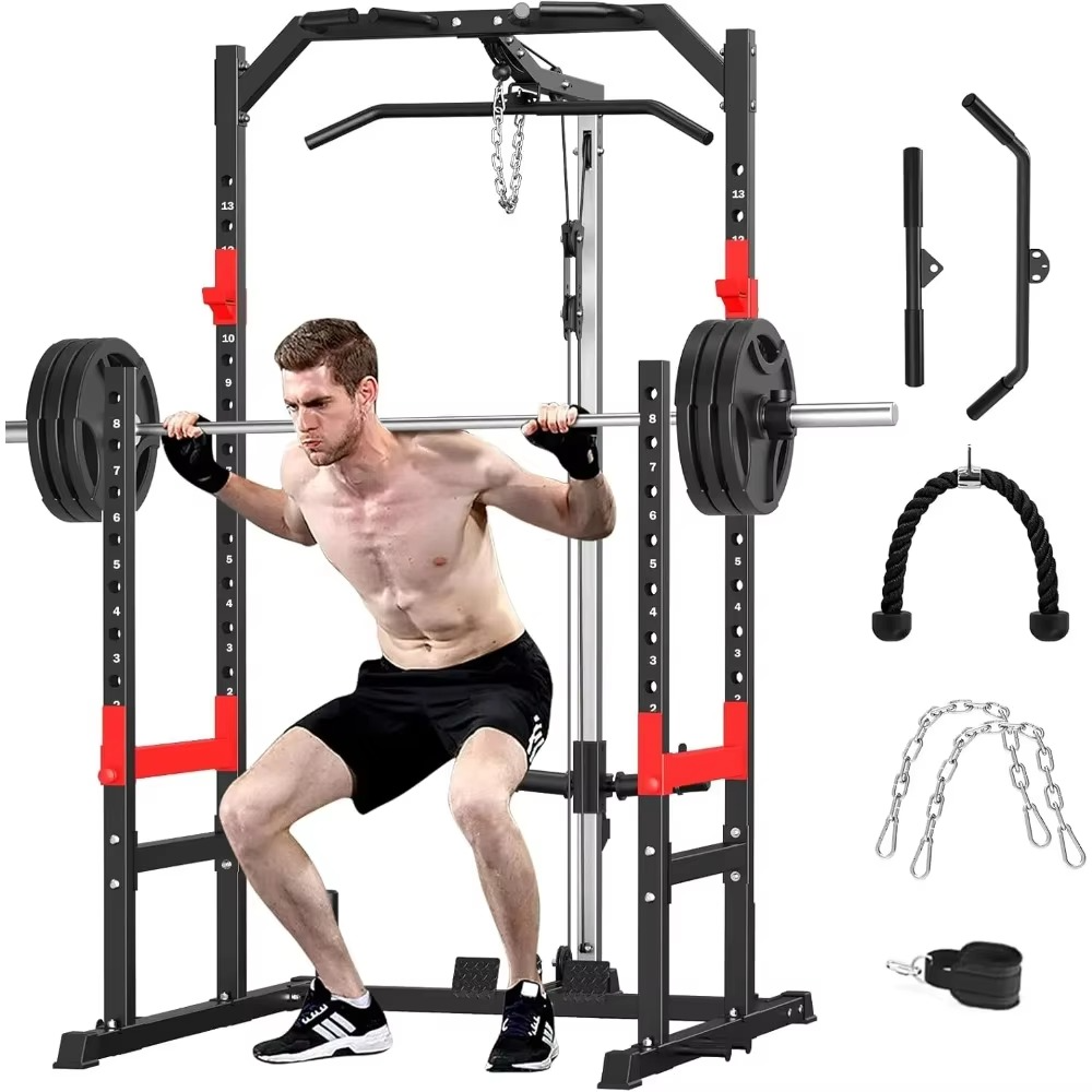 Home Gym Power Rack - Multi-Function Fitness Equipment with Pulley System, Bench Press, Squat, and LAT Pull-Down