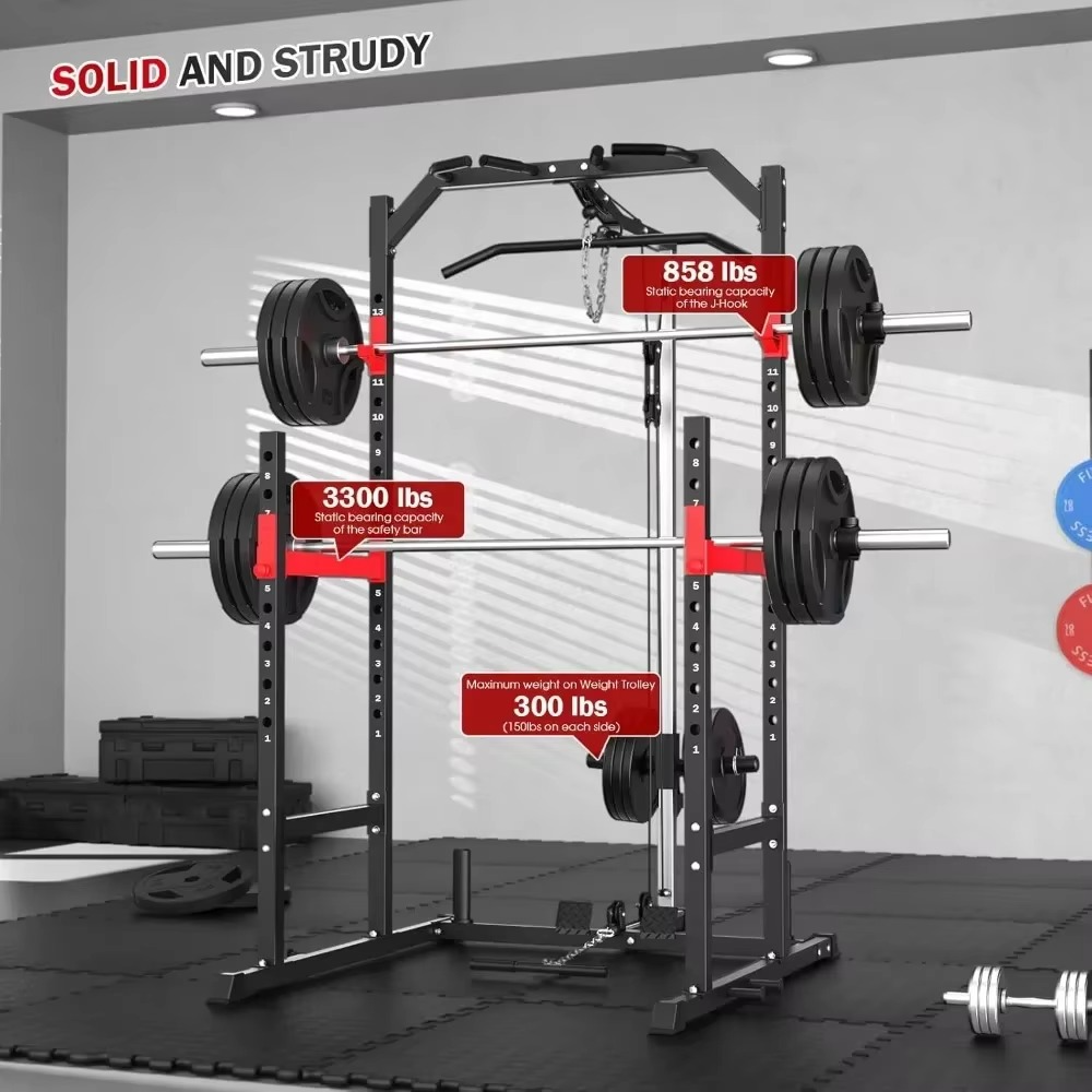 Home Gym Power Rack - Multi-Function Fitness Equipment with Pulley System, Bench Press, Squat, and LAT Pull-Down