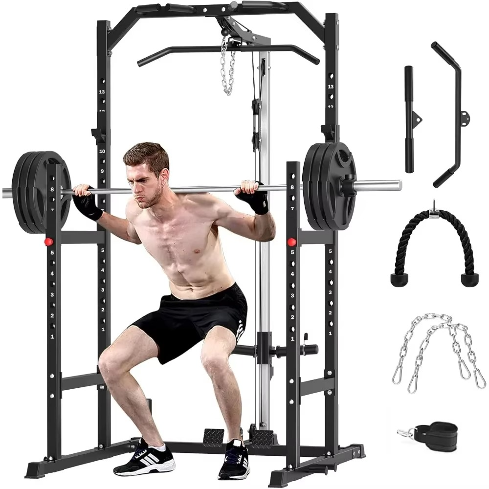 Home Gym Power Rack - Multi-Function Fitness Equipment with Pulley System, Bench Press, Squat, and LAT Pull-Down