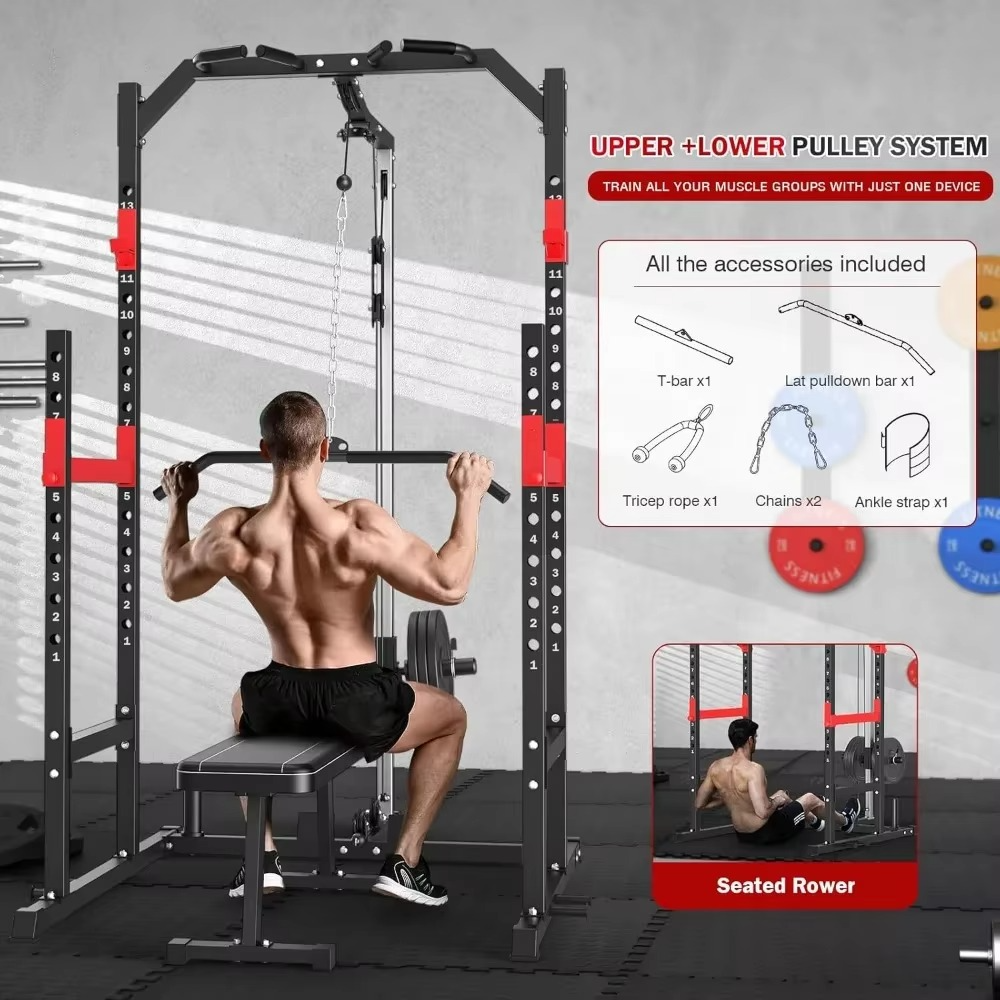 Home Gym Power Rack - Multi-Function Fitness Equipment with Pulley System, Bench Press, Squat, and LAT Pull-Down