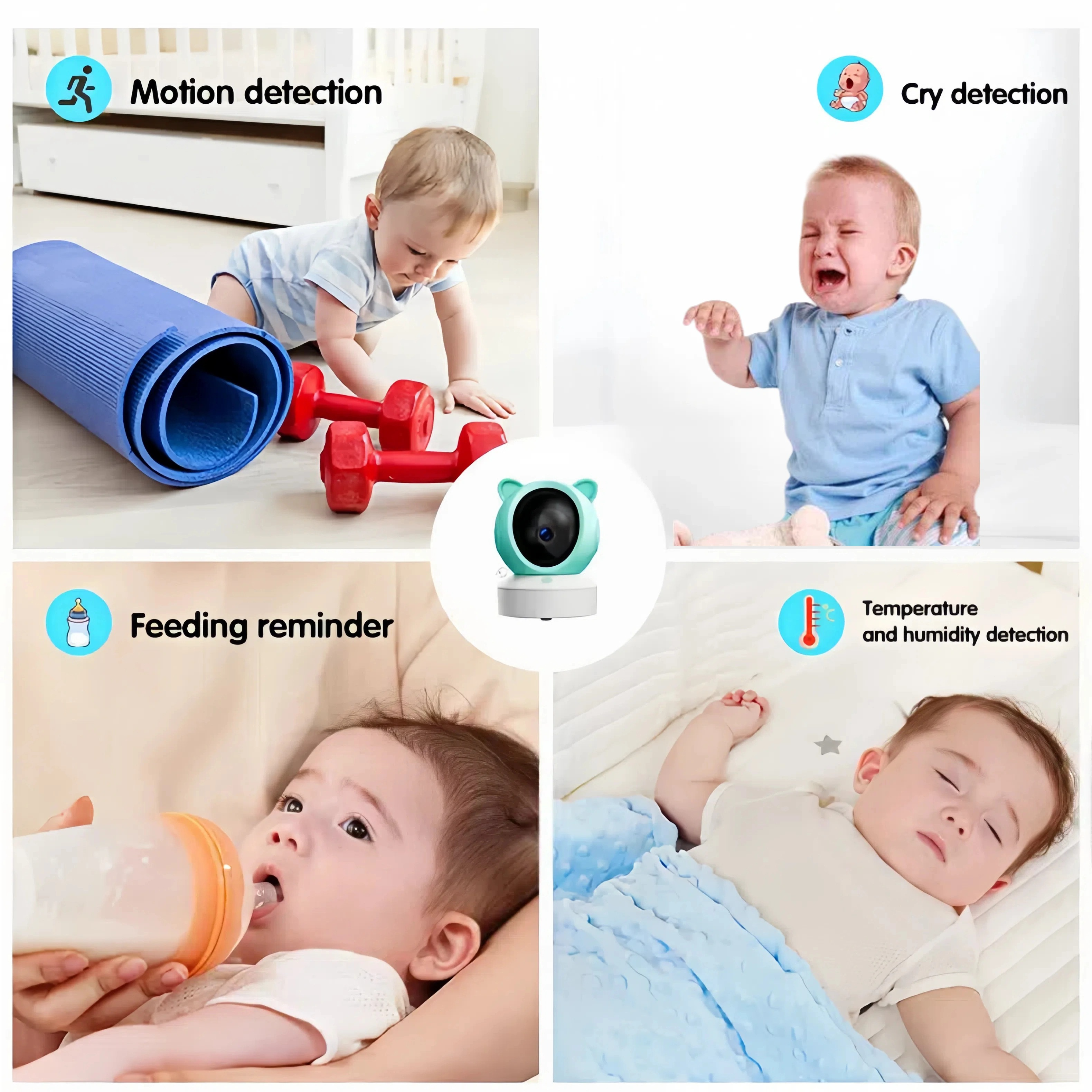Real-time video monitoring baby caregiver, one-click call, motion detection, cry detection, easy care of children