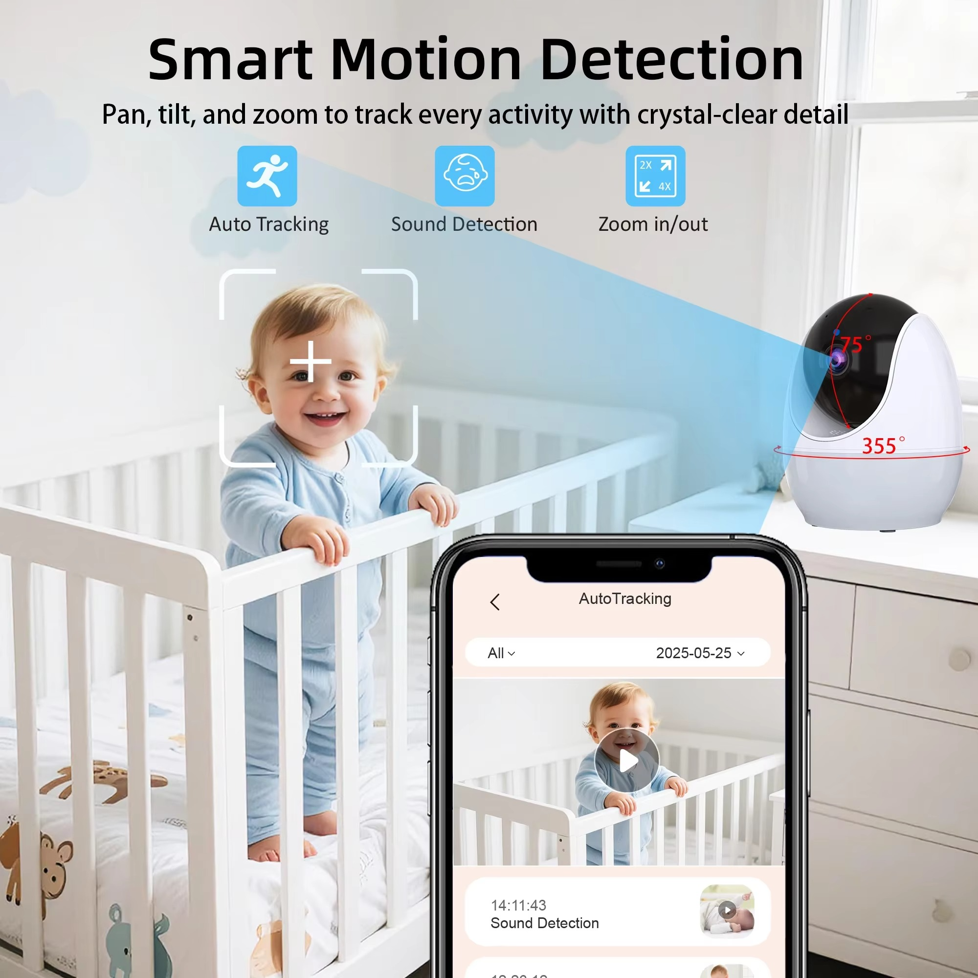 4.3 Inch Baby Monitor Camera With Pan Tilt Zoom Babyphone Cam Auto Tracking APP View Control Night Light Baby Video Surveillance