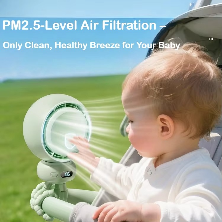 Bladeless Baby Stroller Fan with LED Display Safe for Crib Use Quiet Portable Desk Fan Rechargeable 3600mAh Battery for Infant