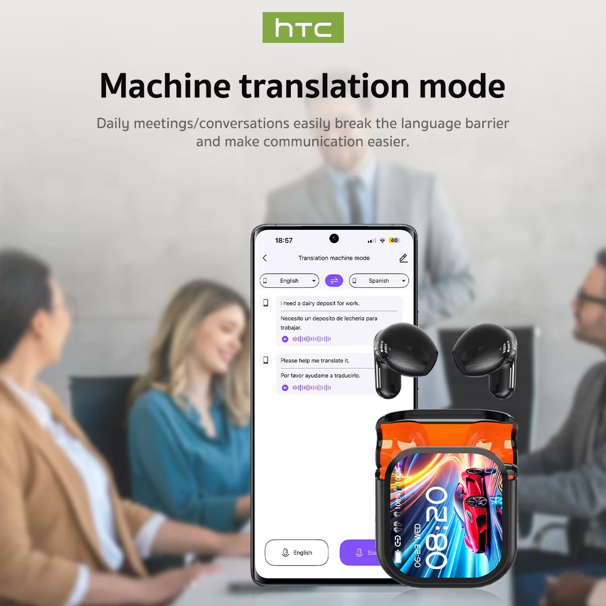 Hellodigi HTC NE20 Wireless Headphones AI Translator Earphones Bluetooth 6.0 Sports Earphones Gaming Headset IPX4 Waterproof