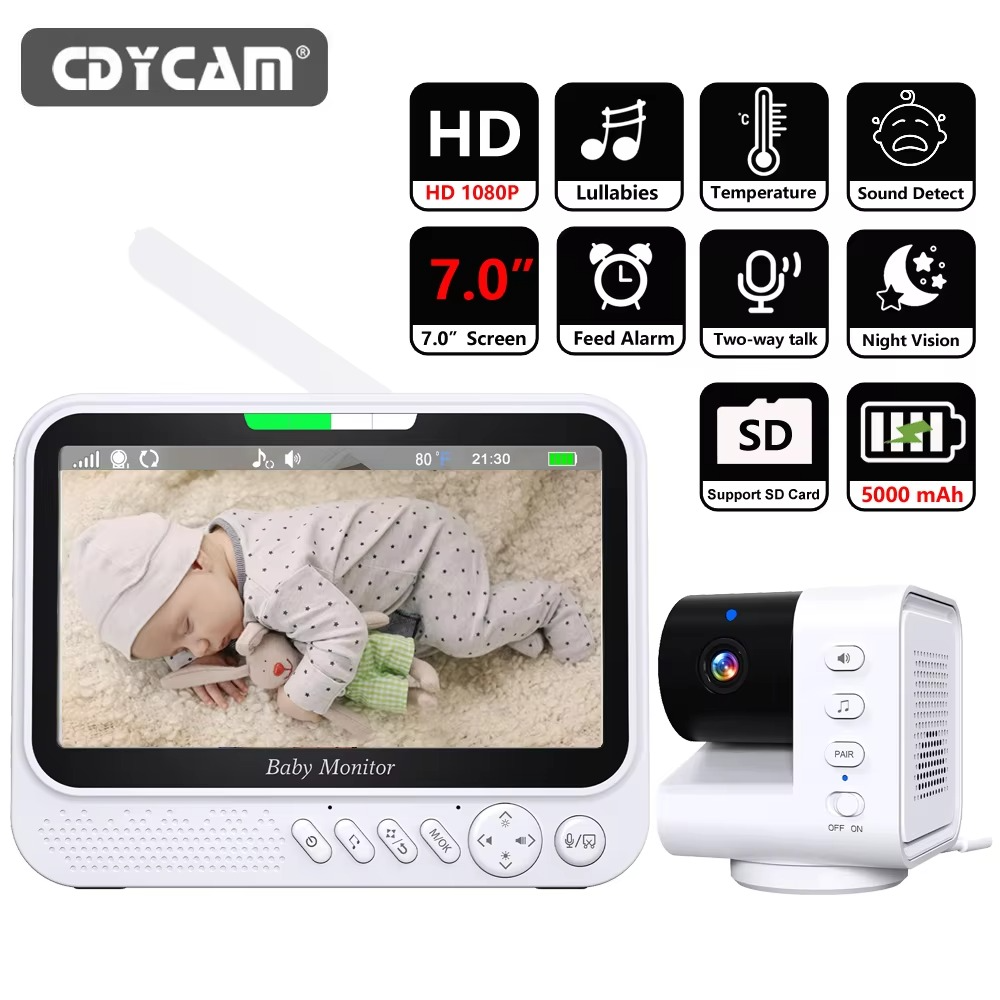 7.0 Inch Video Baby Monitor 720P 4X Zoom No WiFi No APP Two Way Audio Night Vision 5000mAh Battery Protection Surveillance Cam