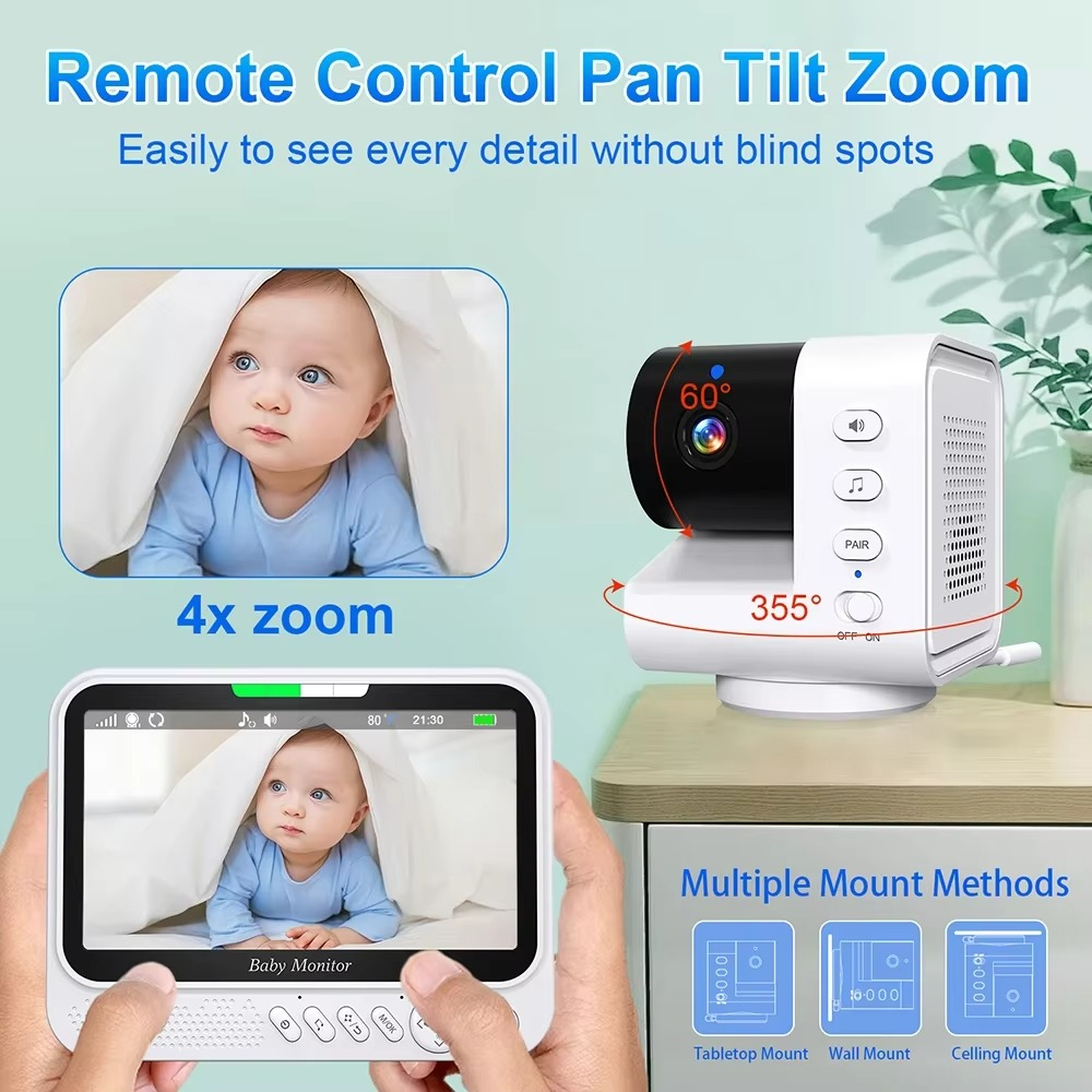 7.0 Inch Video Baby Monitor 720P 4X Zoom No WiFi No APP Two Way Audio Night Vision 5000mAh Battery Protection Surveillance Cam