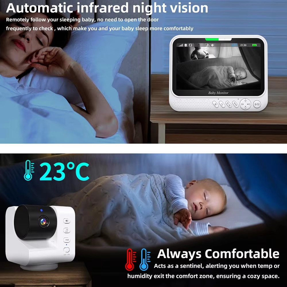 7.0 Inch Video Baby Monitor 720P 4X Zoom No WiFi No APP Two Way Audio Night Vision 5000mAh Battery Protection Surveillance Cam