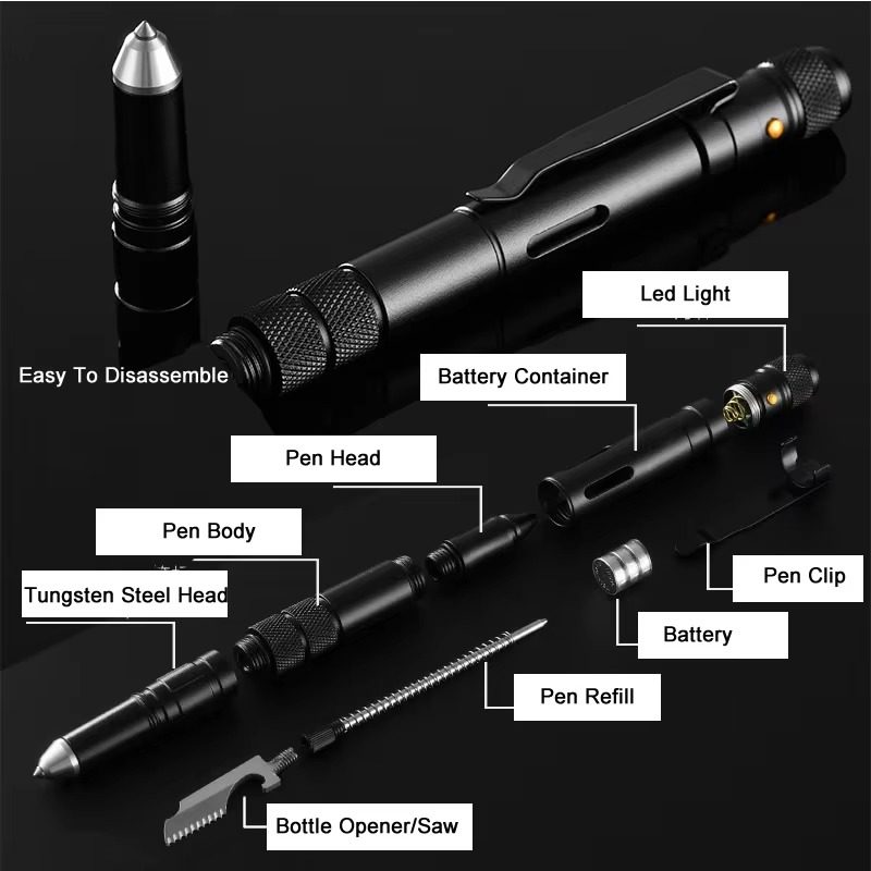 4-In-1 Portable Tactical Pen Flashlight Bottle Opener Emergency Glass Breaker Outdoor Self Defense EDC Pen Tool Gift Box