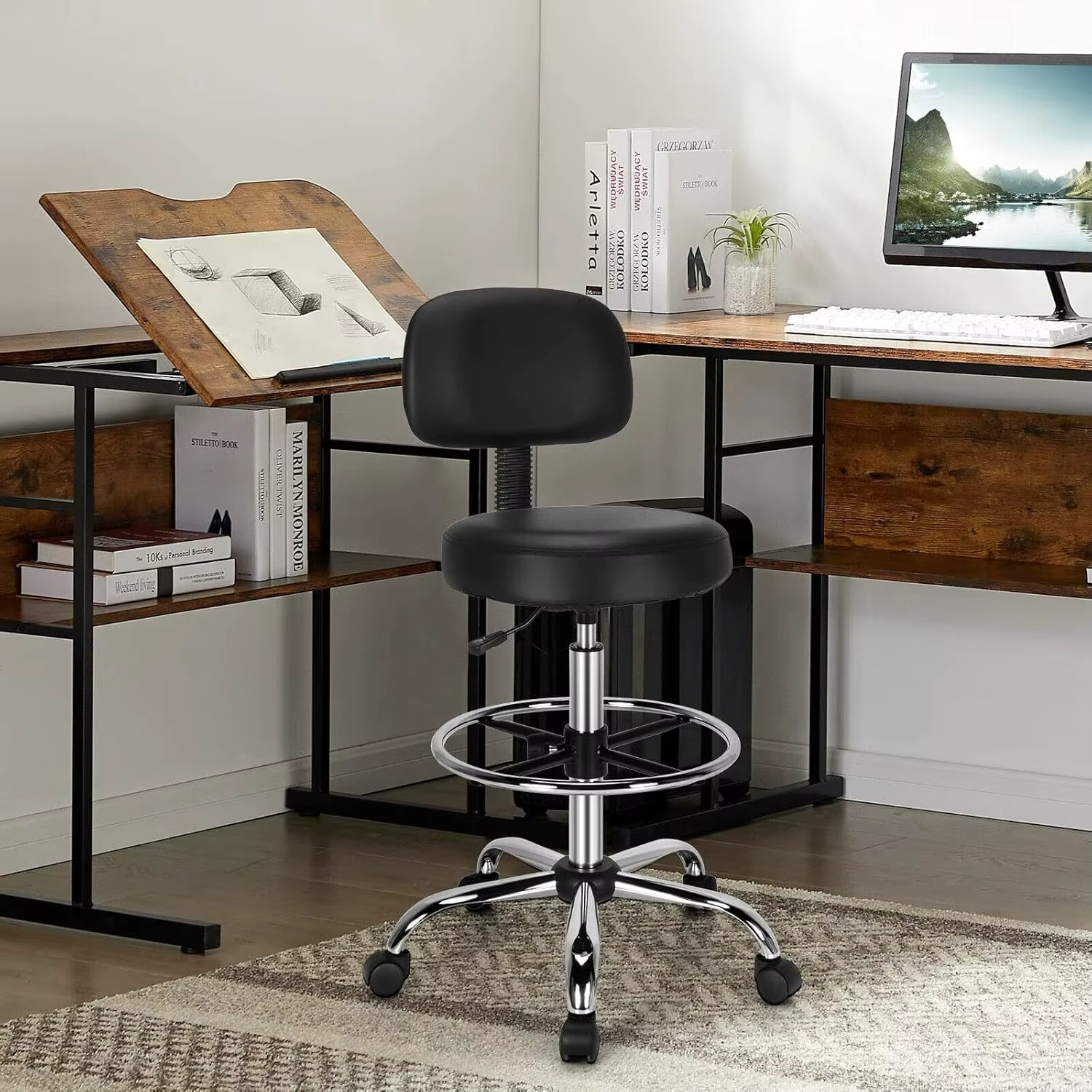 Ergonomic Drafting Chair 150 kg w/Backrest, Faux Leather Upholstered Rolling Stool w/Retractable Mid Back & Adjustable Foot Ring