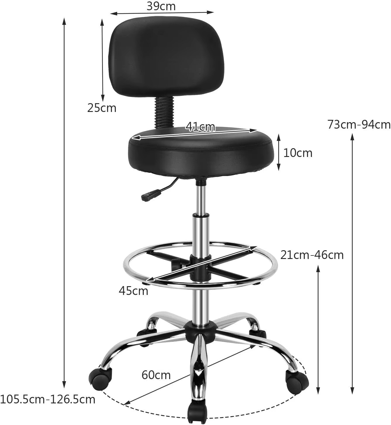 Ergonomic Drafting Chair 150 kg w/Backrest, Faux Leather Upholstered Rolling Stool w/Retractable Mid Back & Adjustable Foot Ring