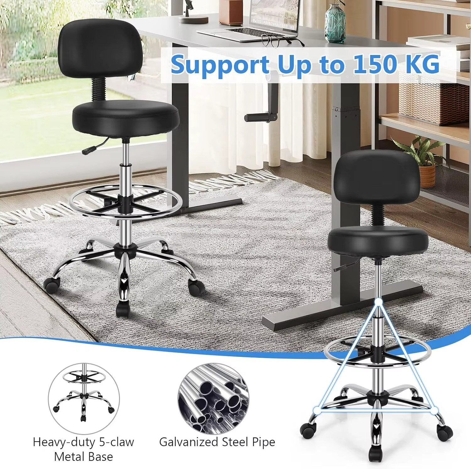 Ergonomic Drafting Chair 150 kg w/Backrest, Faux Leather Upholstered Rolling Stool w/Retractable Mid Back & Adjustable Foot Ring