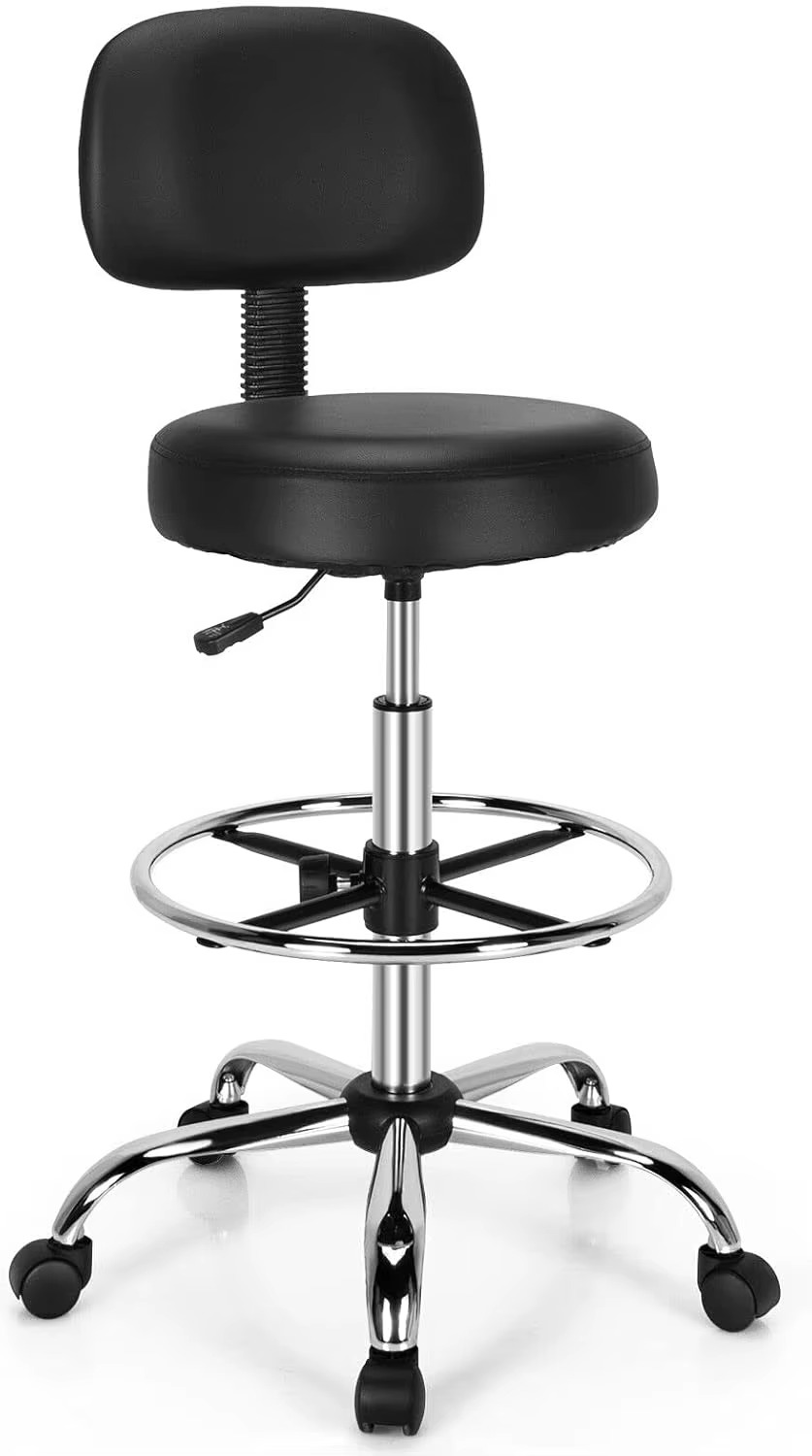 Ergonomic Drafting Chair 150 kg w/Backrest, Faux Leather Upholstered Rolling Stool w/Retractable Mid Back & Adjustable Foot Ring