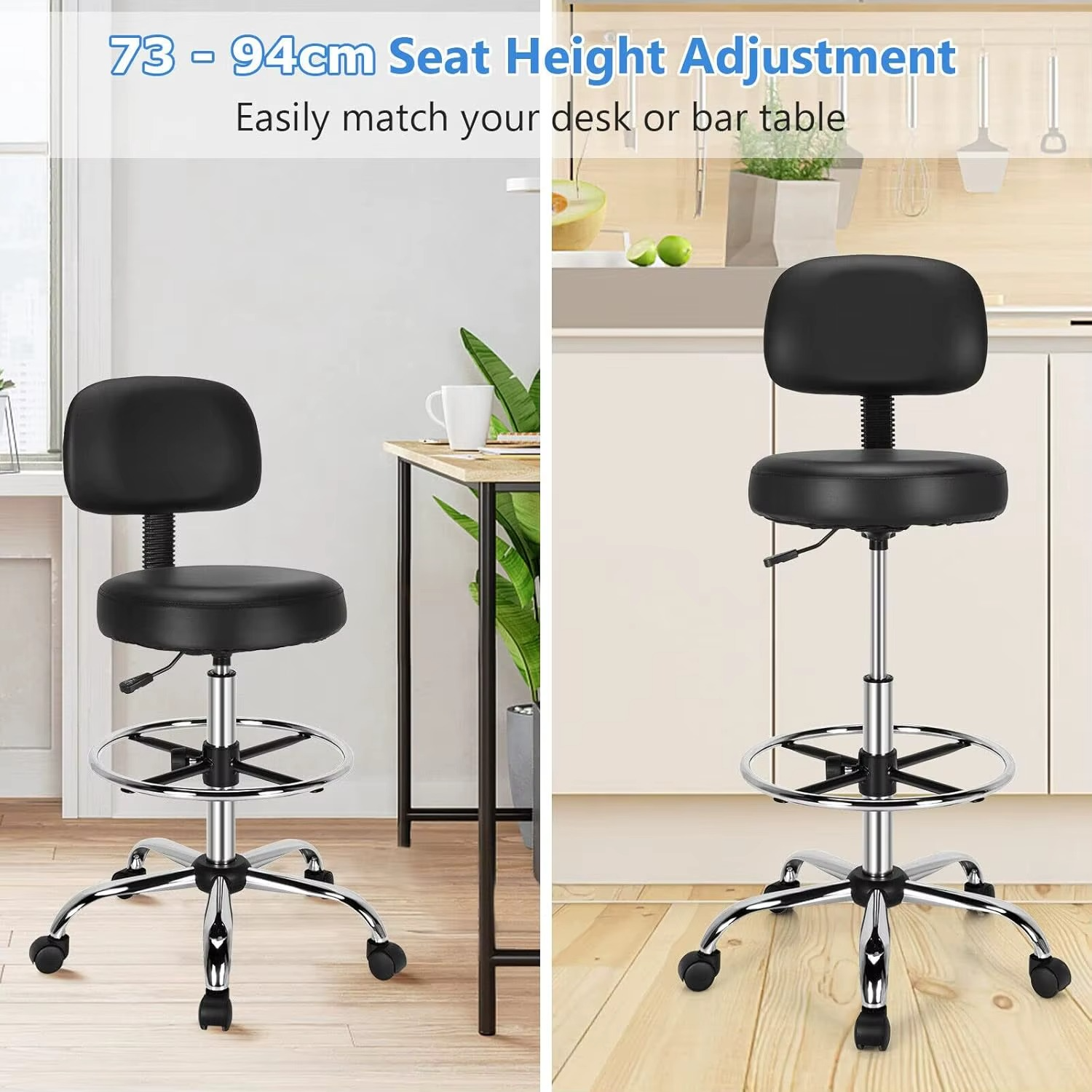 Ergonomic Drafting Chair 150 kg w/Backrest, Faux Leather Upholstered Rolling Stool w/Retractable Mid Back & Adjustable Foot Ring