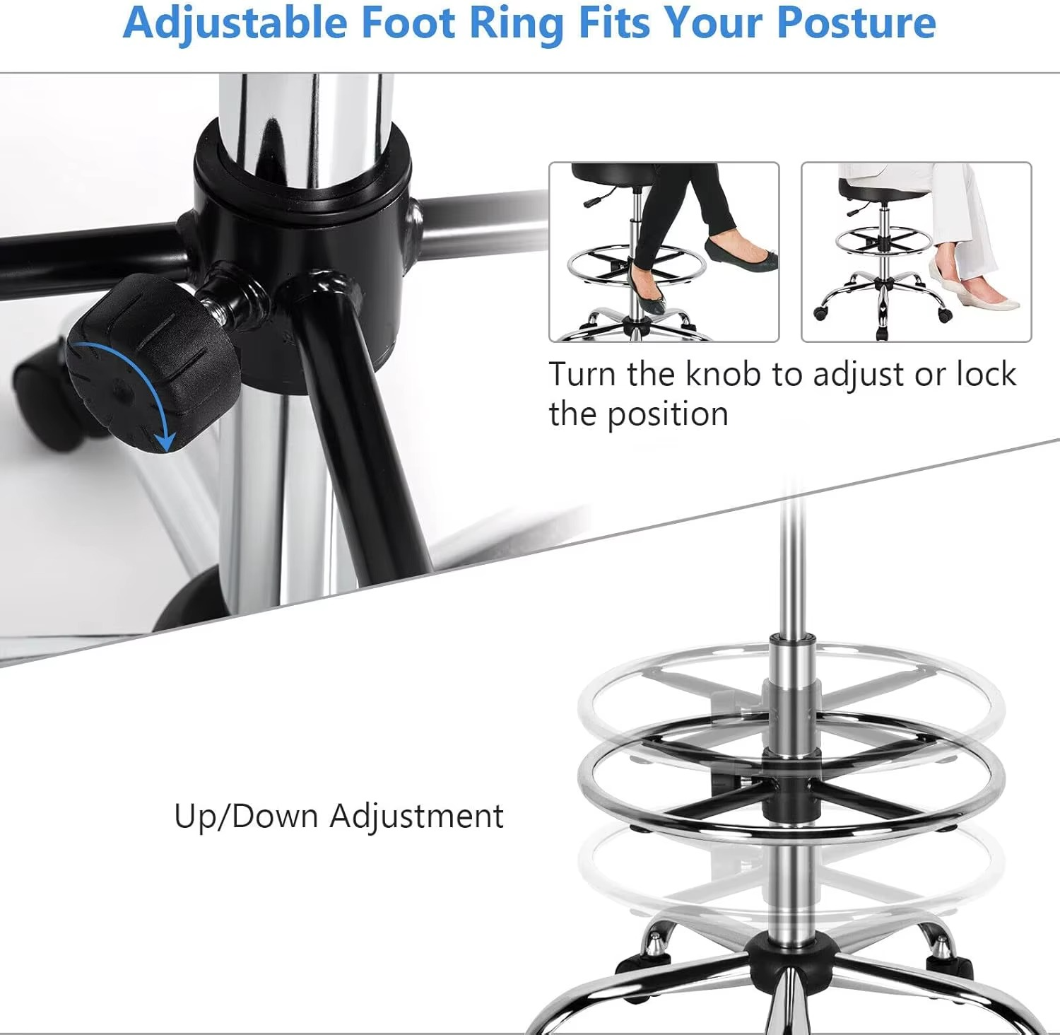 Ergonomic Drafting Chair 150 kg w/Backrest, Faux Leather Upholstered Rolling Stool w/Retractable Mid Back & Adjustable Foot Ring
